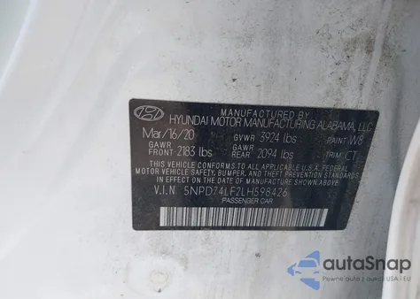 2020 Hyundai Elantra Se z USA, uszkodzony, nr VIN 5NPD74LF2LH598426